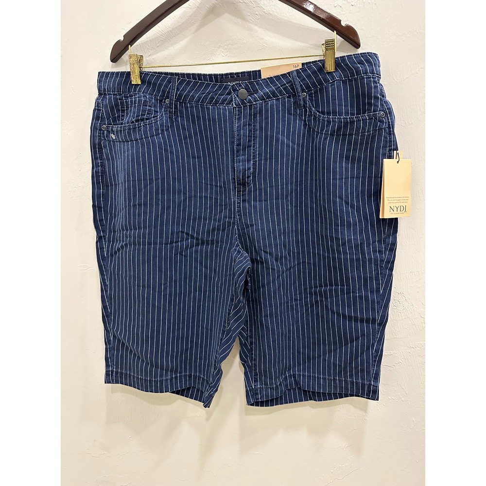 NYDJ Women 16P Pinstripe Denim Shorts Navy Blue White Water Conscious New
